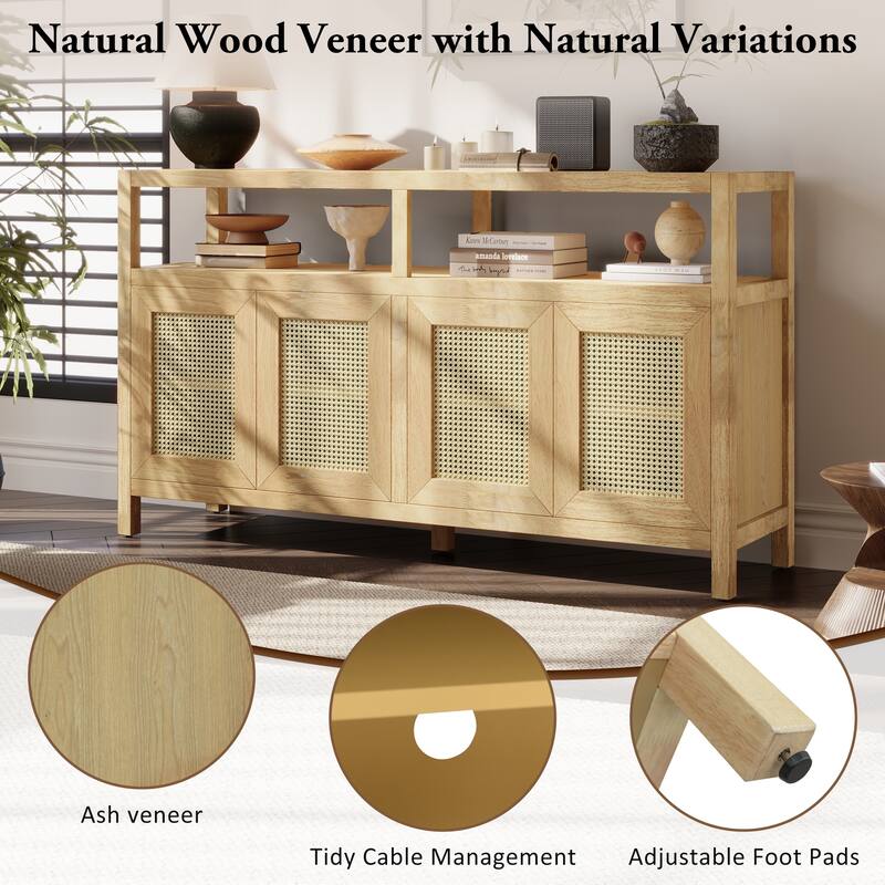 Rattan 4 Door Sideboard Cabinet, Large Wood Storage Cabinet, Console Table with Adjustable Shelves for Living & Dining Rooms