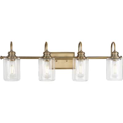 Aiken Collection 4-Light Vintage Brass Clear Glass Vintage Bath Vanity Light