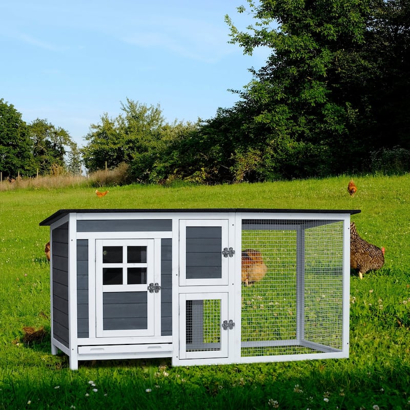 Outdoor Indoor Chicken Coop Small Animal House with Running Cage - Grey