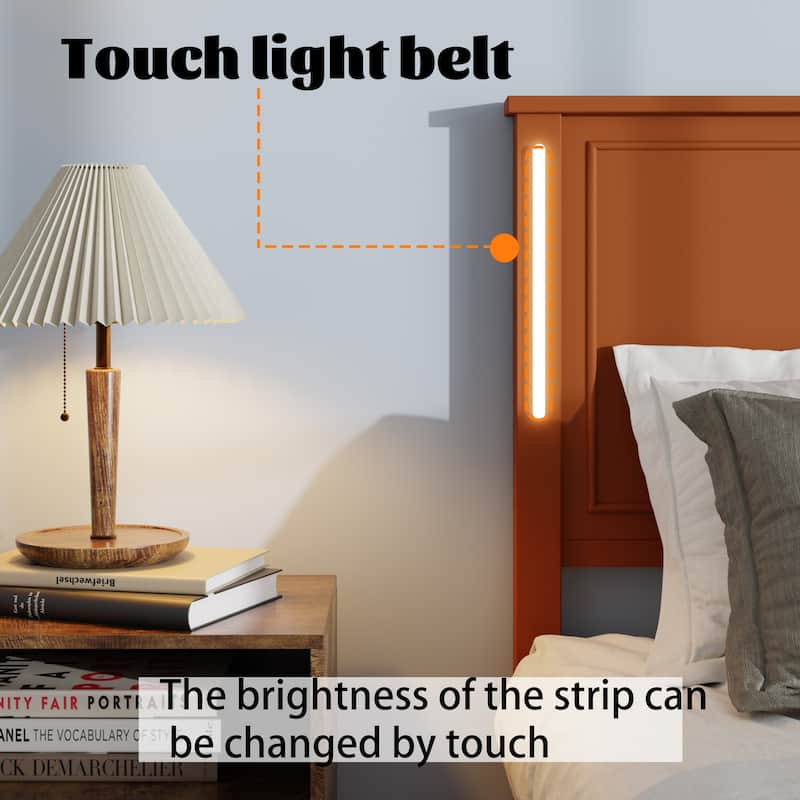 Queen Size Platform Bed Frame with Wood Headboard, Footboard, Charging Station, and LED Lights, No Box Spring Needed, Brown