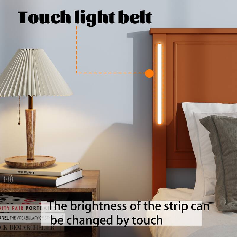 Queen Size Platform Bed with Wood Headboard,Charging Station and LED Lights