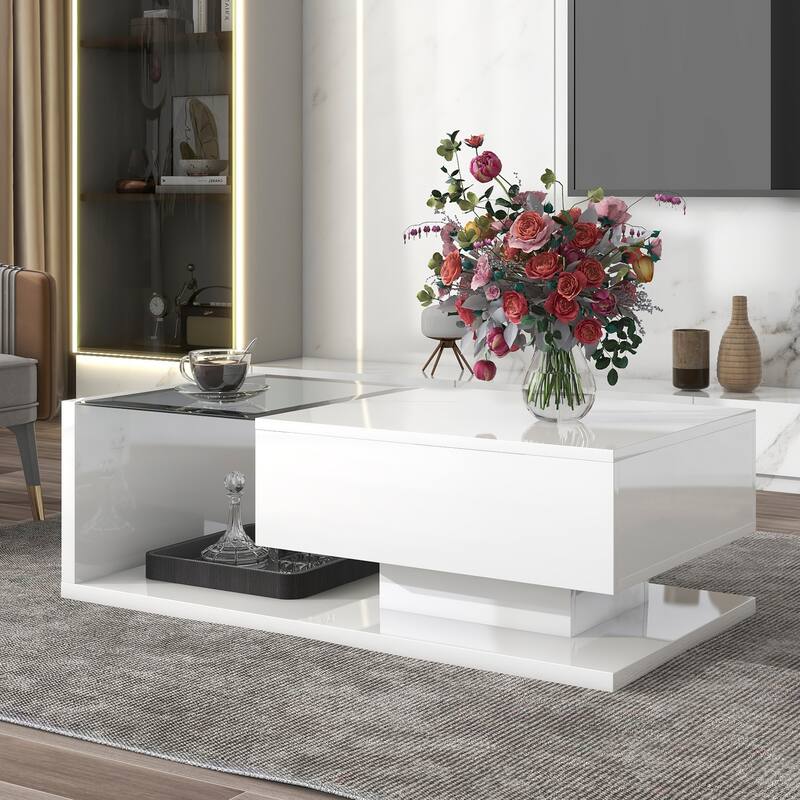 Modern Coffee Table w/ Tempered Glass Tabletop, Cocktail Table w/ High-gloss UV Surface, Modernist 2-Tier Rectangle Center Table