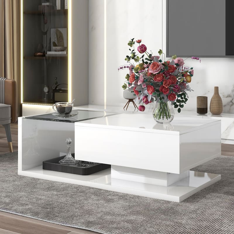 Roomfitters Modern Coffee Table with Tempered Glass Top, High Gloss 2-Tier Rectangle Center Table for Living Room