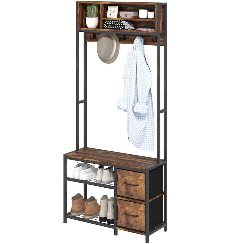 5-in-1 Hall Tree with Bench Coat Hooks and Storage Drawers for Entryway Hallway or Mudroom - 31.5" W x 11.8" D x 70.9" H - Distressed Dark Brown 