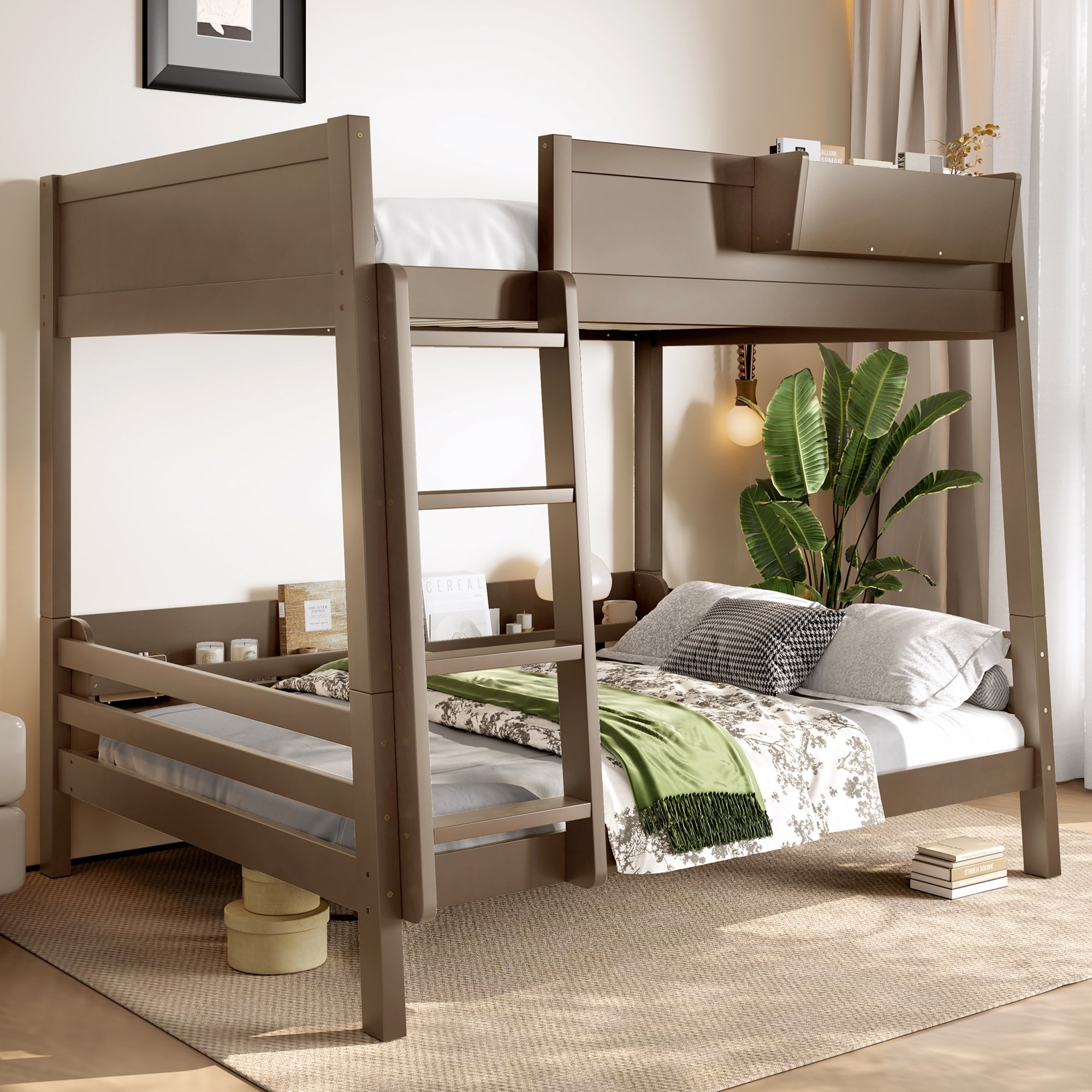 Wood Bunk Bed with Storage Shelves and Bookshelf, Ladder & Guardrails, Detachable Design