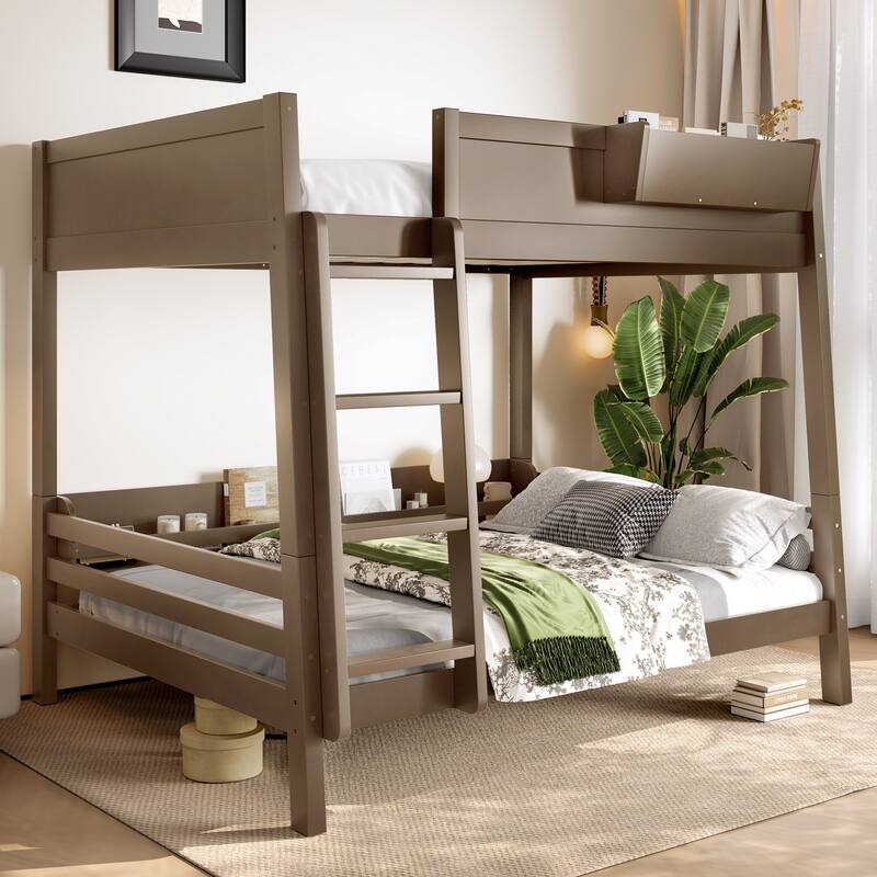 Wood Bunk Bed with Storage Shelves and Bookshelf, Ladder & Guardrails, Detachable Design - Brown - Full