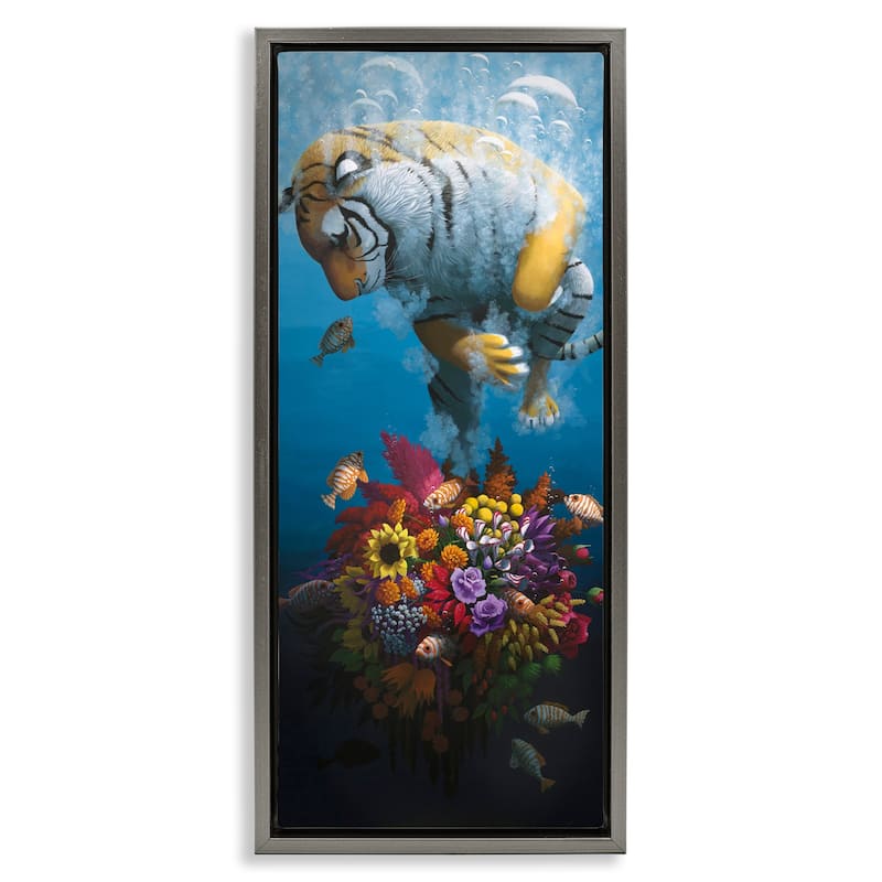 Stupell Curious Tiger & Underwater Bouquet Framed Floater Canvas Wall Art Design By Heather Gauthier - 15 x 31 - Grey