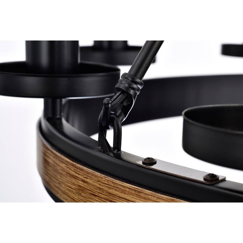 Aada Matte Black Metal 9 Light Wood Grain Finish Wagon Wheel Chandelier 32-Inch