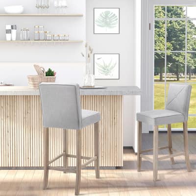 Set of 2 Beige Upholstered Bar Stools with Comfortable Cushion and Footrest Wood Frame - 17.75" W x 21.75" D x 41.75" H