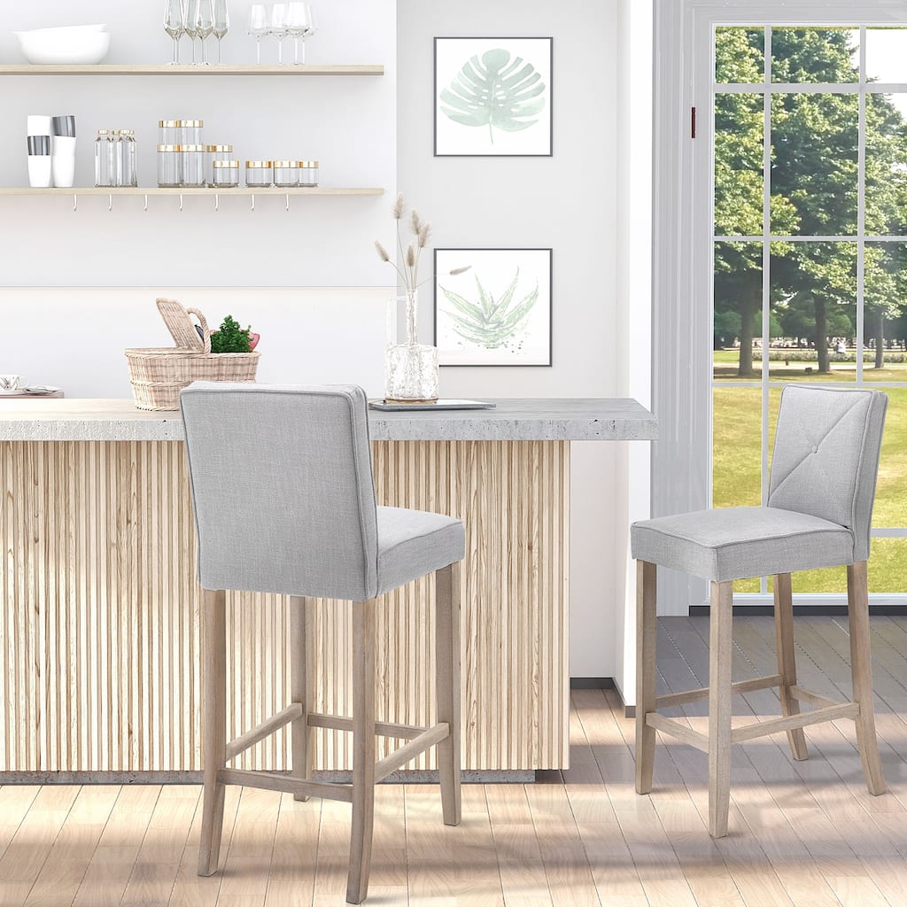 Set of 2 Beige Upholstered Bar Stools with Comfortable Cushion and Footrest Wood Frame - 17.75" W x 21.75" D x 41.75" H