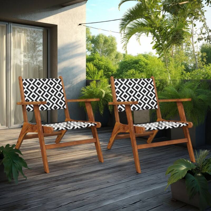 Outdoor Set of 2, Black White Print, Brown Solid Acacia Wood
