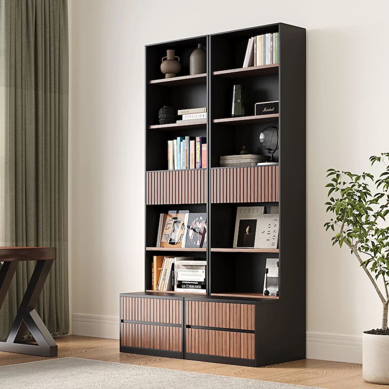 85.8'' Tall Bookcase with Movable Footstool and Open Shelves Storage Drawers