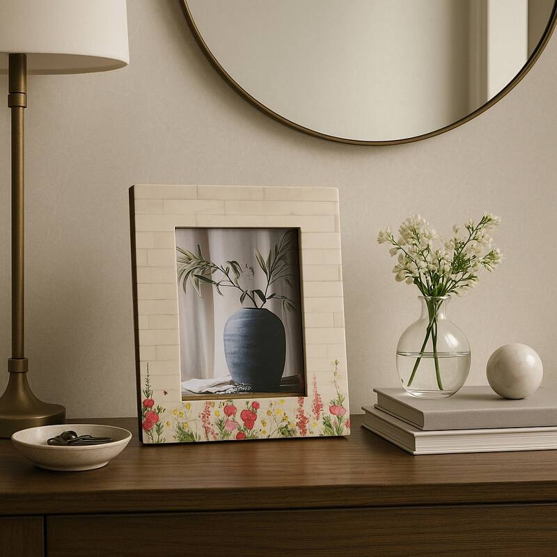 Wood Resin Flower Field Photo Frame - Ivory