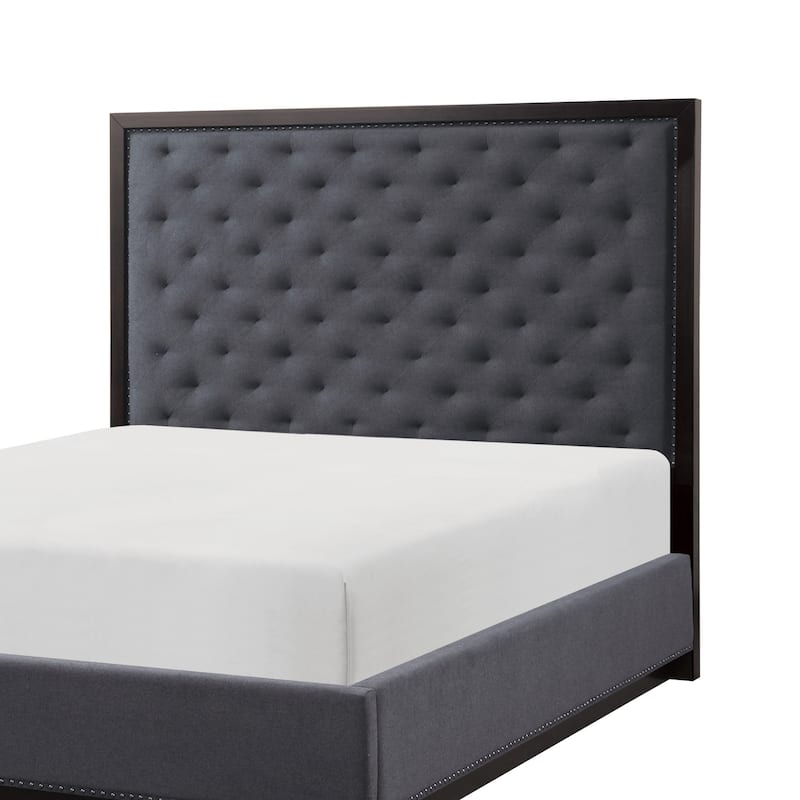 Tey Queen Size Bed with Button Tufted Headboard, Gray Fabric, Ash Veneer