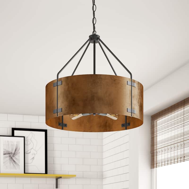 Vintage Matte Black 4-Light Metal Drum Pendant Light with Brown Lampshade