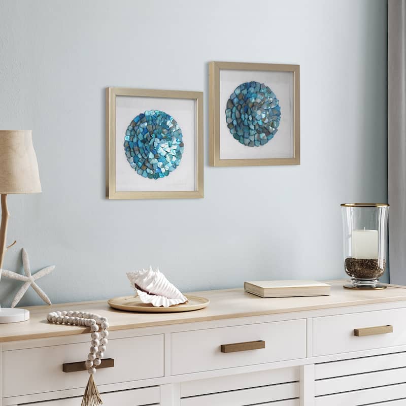 American Art Decor 2-Piece Coastal Seashell & Sea Glass Shadowbox Framed Wall Art Set