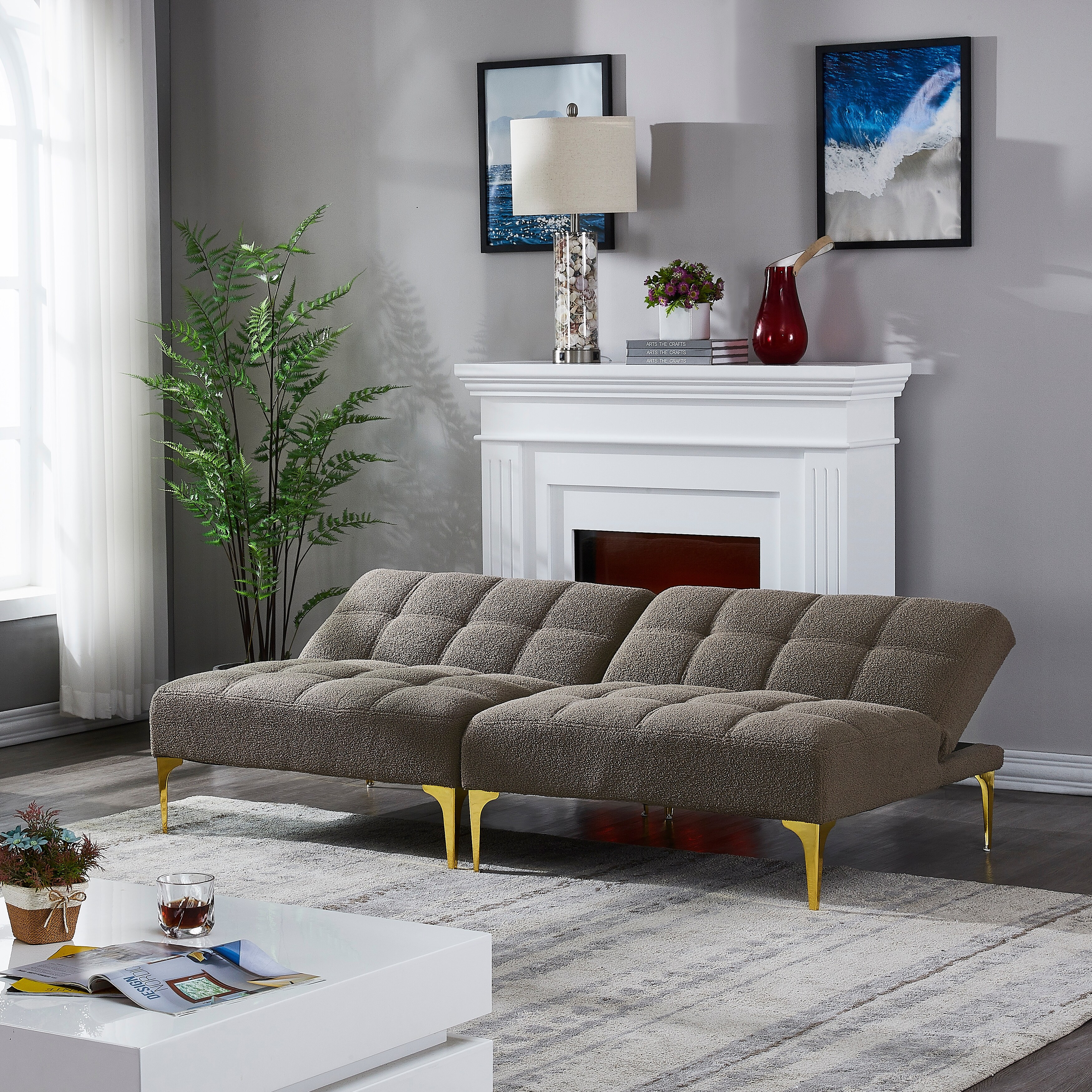 Versatility Sleeper Sofa Bed Teddy Fabric Convertible Futon Sofa