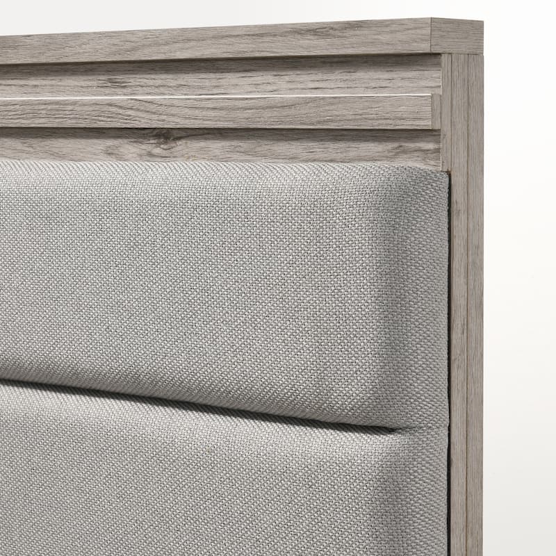 Roundhill Furniture Alvear Upholstered Wood Panel Bed, Dresser, Mirror, and 2 Nightstands, Weathered Gray
