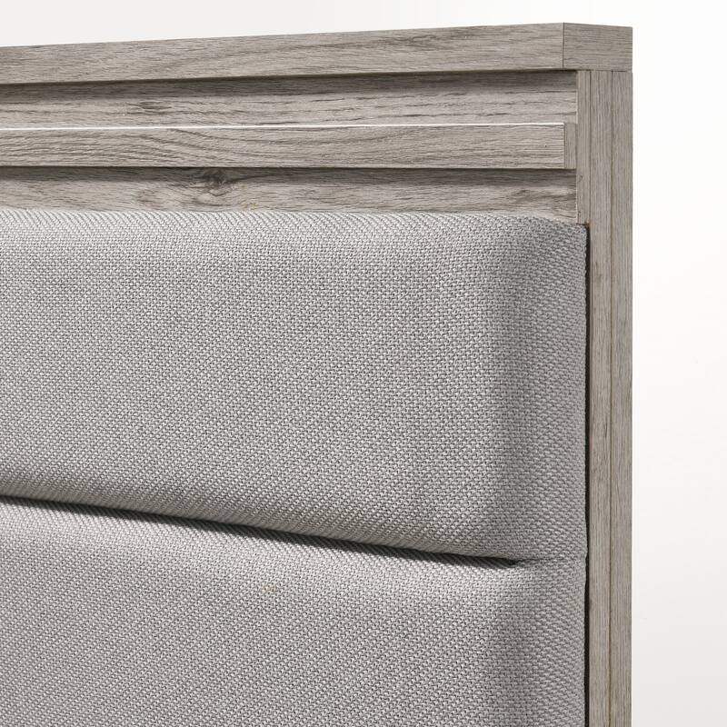 Roundhill Furniture Alvear Upholstered Wood Panel Bed, Dresser, Mirror, and Nightstand, Weathered Gray