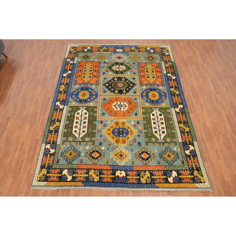 Hand Knotted Oriental 100% Wool Carpet Traditional Geometric Navy Blue & Blues Kazak Area Rug - 12' 2'' X 8' 10''