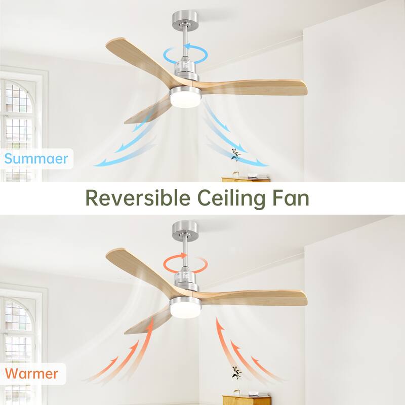 Wood Reversible Ceiling Fan with Dimmable 3 Color LED Light & 6-Speed Remote Control, and Silent Operation - Brushed Nickel