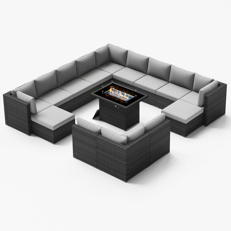 FINCATI Outdoor Grey Wicker Sectional Furniture Patio Sofa Set with Firepit Table