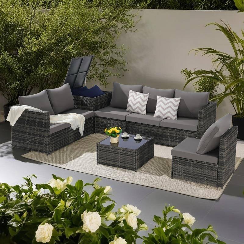 6-Piece Outdoor Patio Wicker Sectional Sofa Set with Corner Table & Glass Top Table - Dark Gray