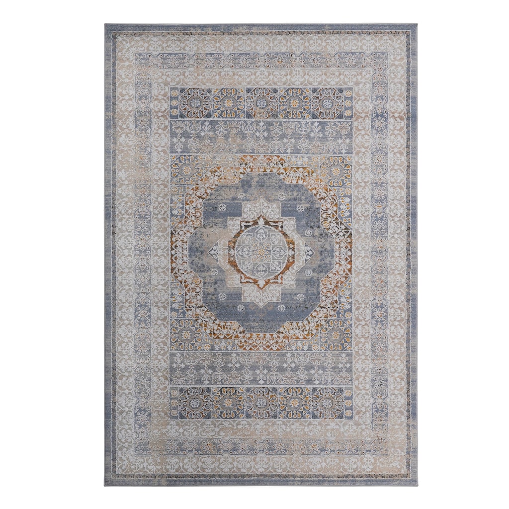 LOOM & LUXE Collection Blue/Ivory/Medallion Non-Shedding Area Rug