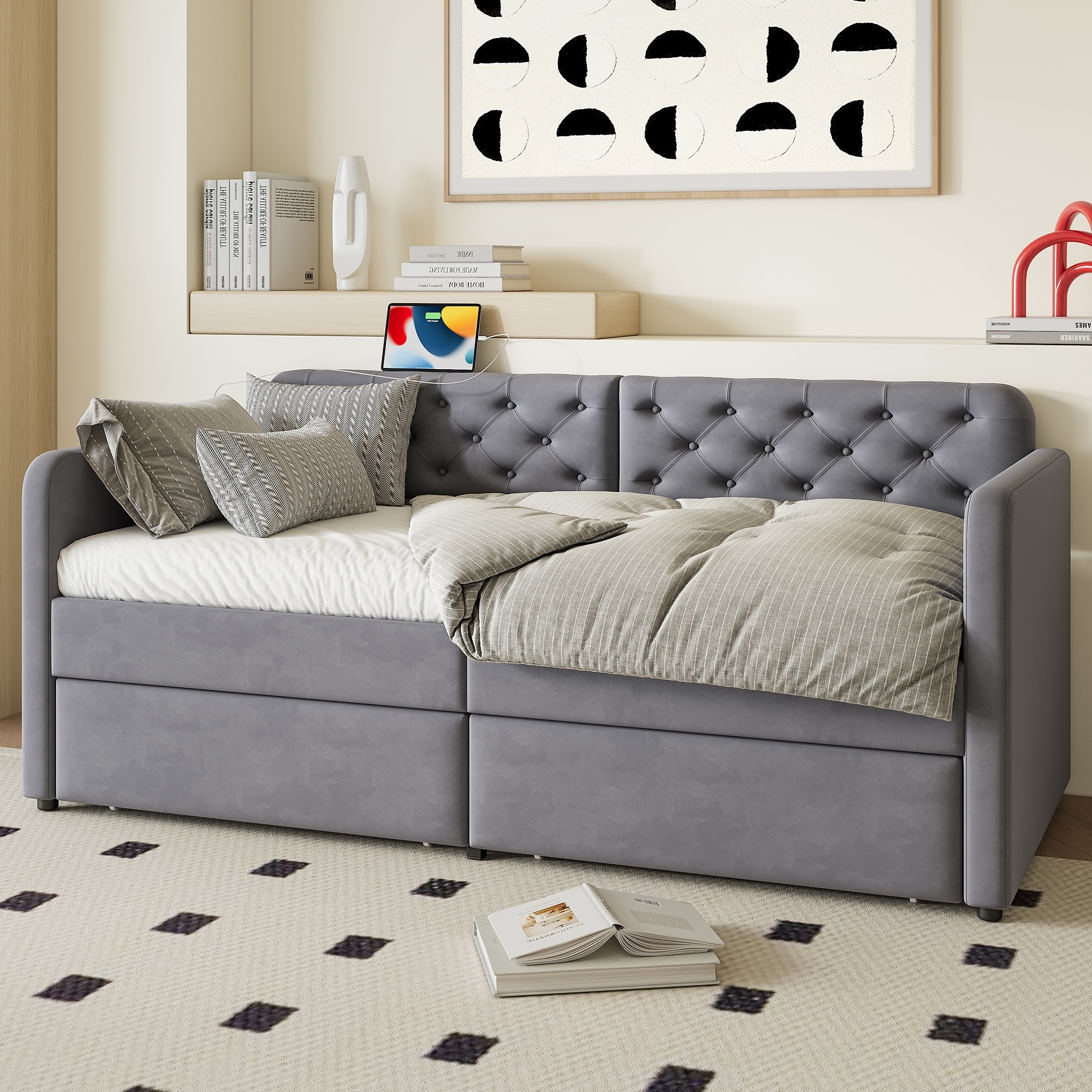 Twin Size Upholstered Daybed Platform Bed Frame with Storage Drawers