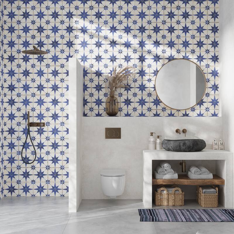 Palmera 9x9 Blue White Porcelain Star Square Wall and Floor Tile (6.96 sq ft/case) - 13 Pack