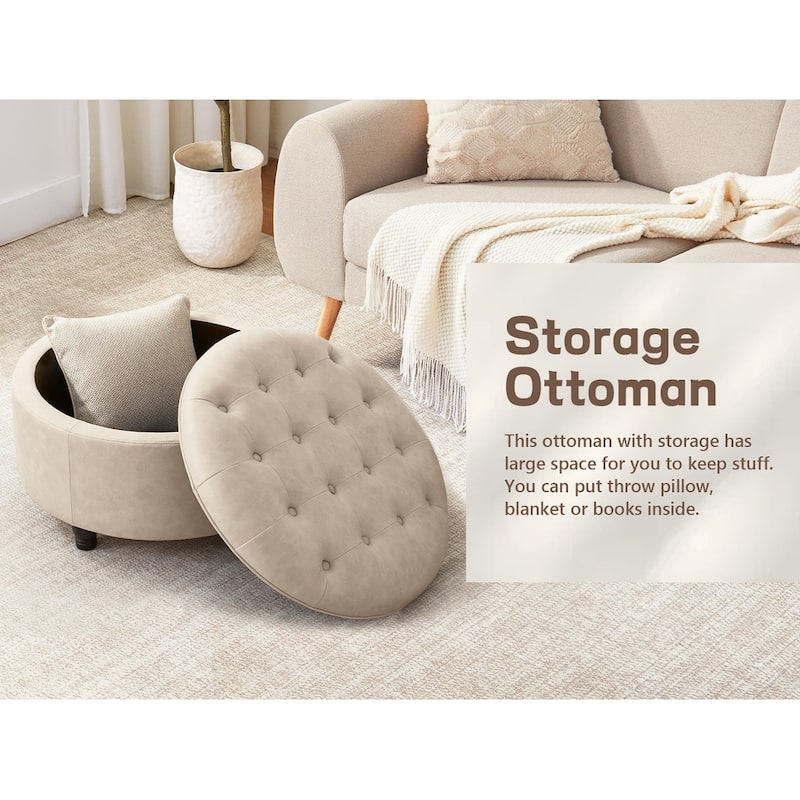 Tufted Round Storage Ottoman, Faux Leather