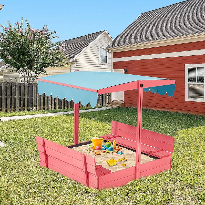 EROMMY Children's Wooden Sandbox with Folding Bench Seats and Adjustable Canopy,Pink - Pink