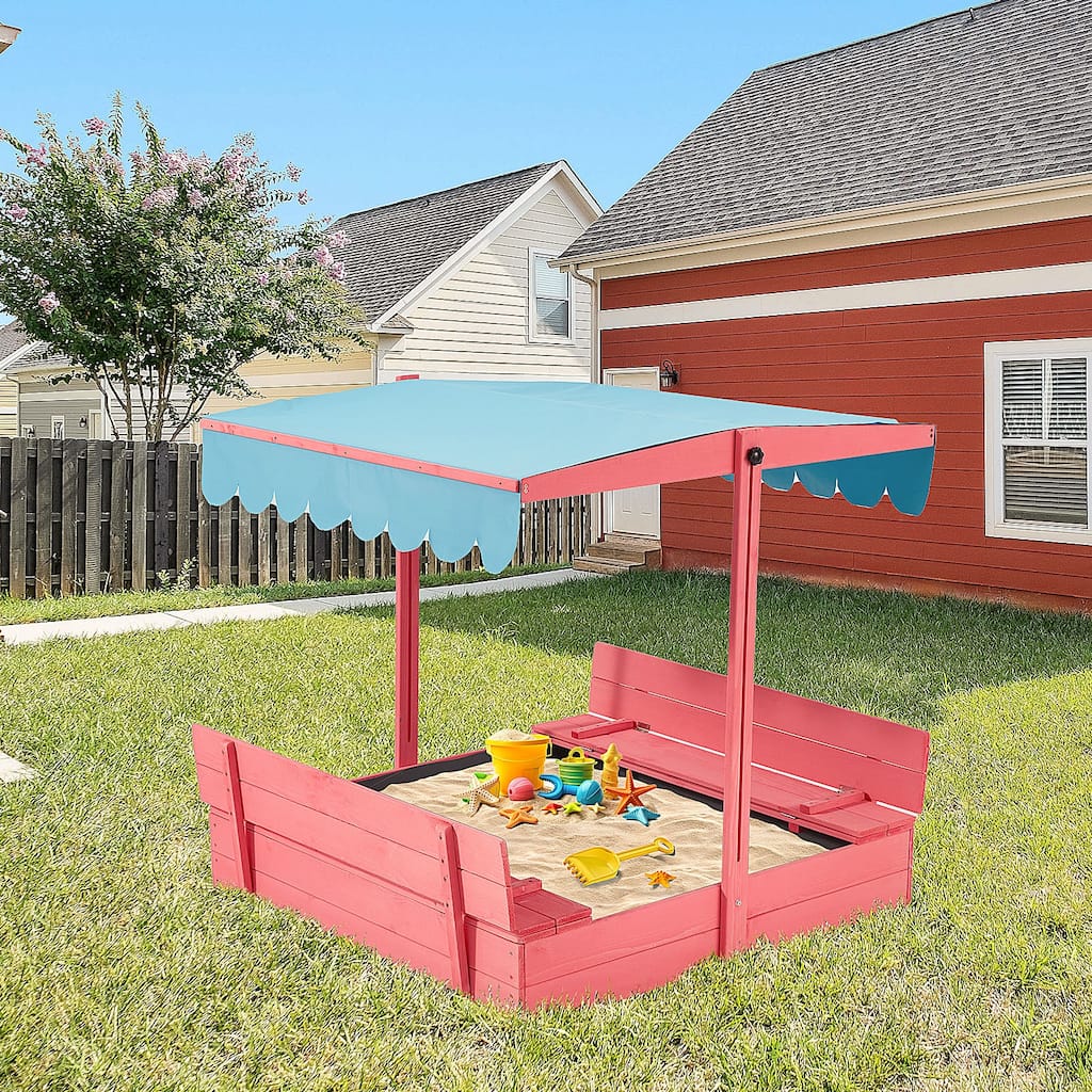 EROMMY Children's Wooden Sandbox with Folding Bench Seats and Adjustable Canopy,Pink