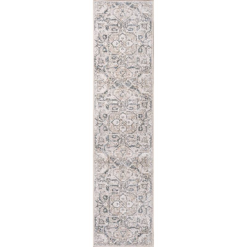 JONATHAn Y Keesha Distressed Medallion Low-Pile Machine-Washable Cream/Light Gray Area Rug - 2 X 8