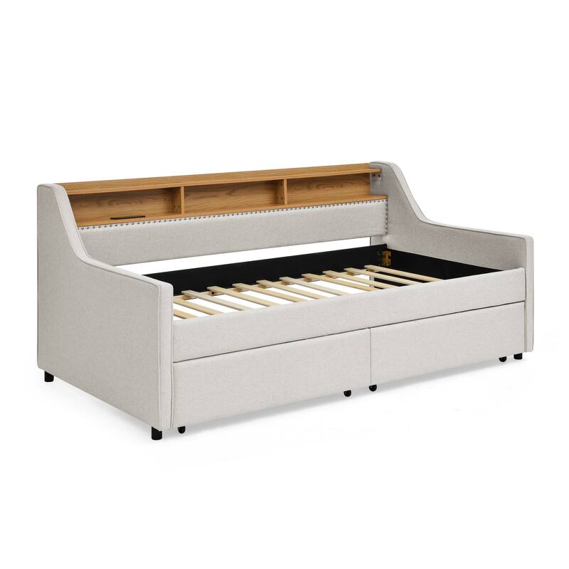 Roomfitters Twin Upholstered Sofa Bed with Adjustable Storage Headboard, Backlit Shelf and Underbed Storage Trundle