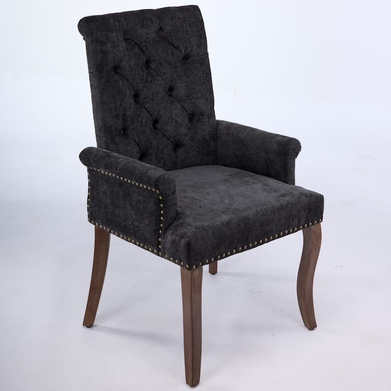 Roomfitters Chenille Upholstered Dining Chair, Tufted High-Back Accent Armchair with Curved Wood Legs