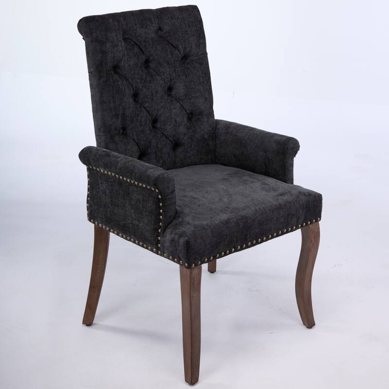 Upholstered Chenille Dining Chairs, Tufted Accent Armchairs with Curved Solid Wood Legs, Dining Room Arm Chair