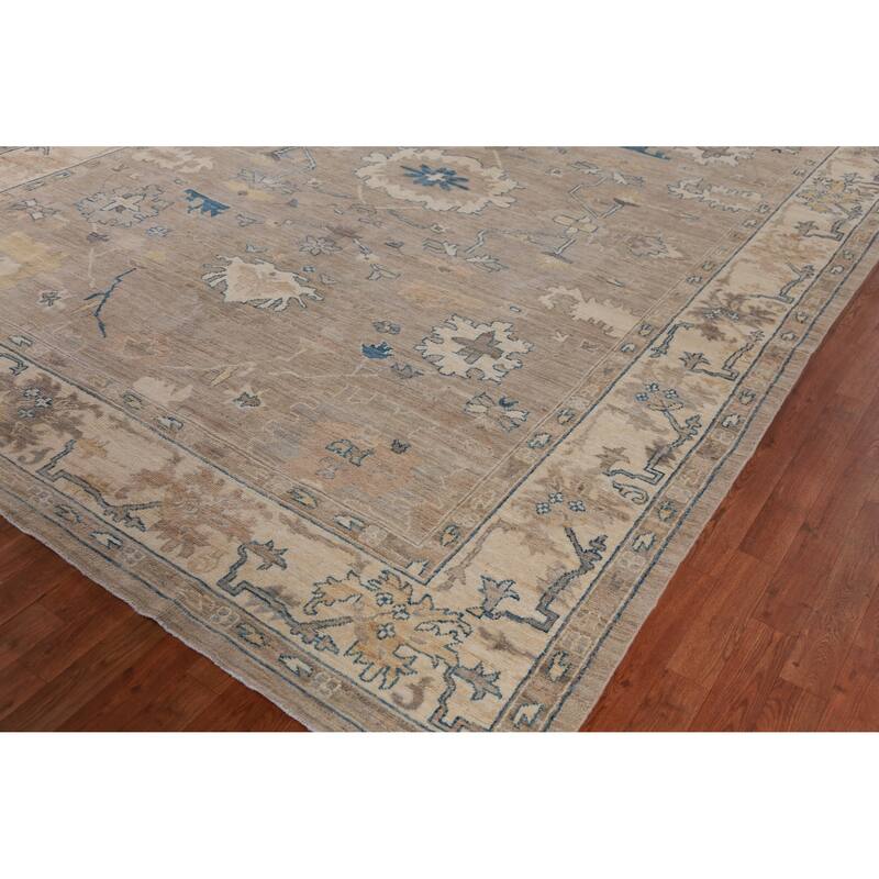 Hand Knotted Oriental 100% Wool Carpet Transitional All-Over Beige & Ivories Oushak Area Rug - 12' 0'' X 8' 1''