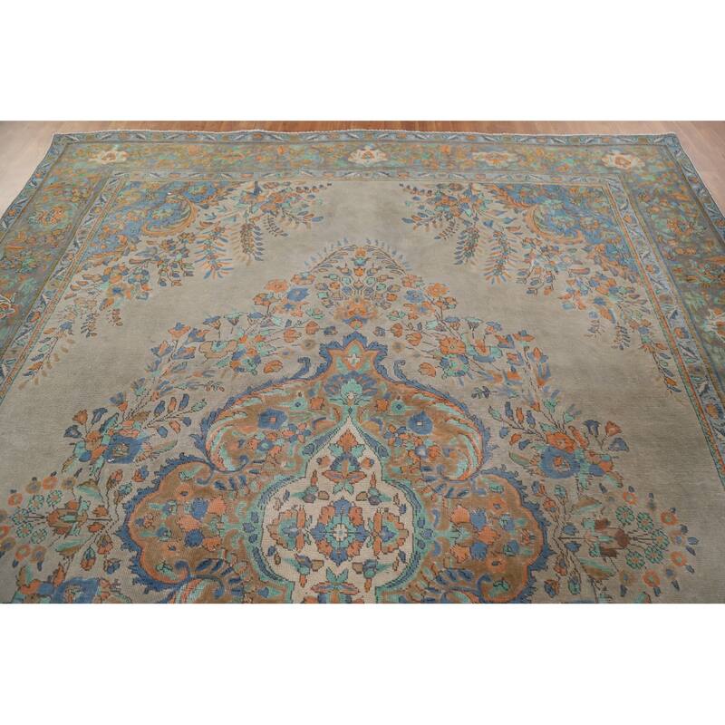 Hand Knotted Oriental 100% Wool Carpet Traditional Medallion Green Tabriz Area Rug - 12' 7'' X 9' 7''