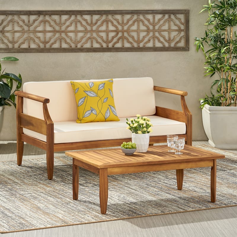 Aston Acacia Wood Outdoor Loveseat Set by Christopher Knight Home - Teak Finish + Cream Cushion
