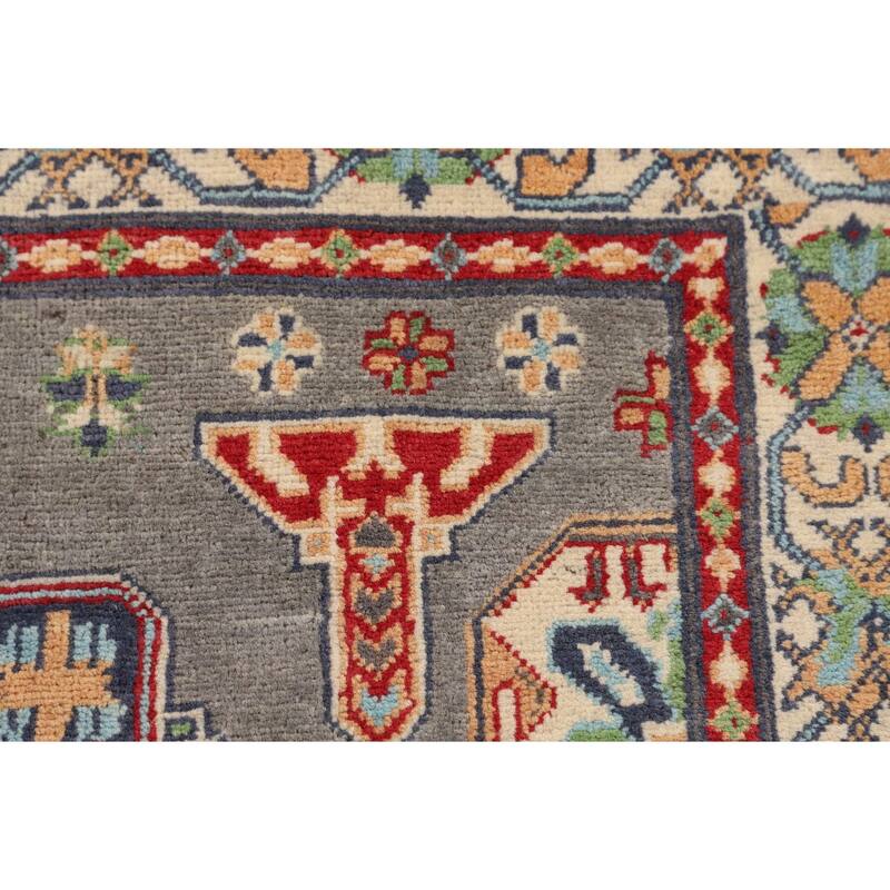 Geometric Kazak Accent Rug Handmade Grey Wool Carpet - 3'1" x 5'1"
