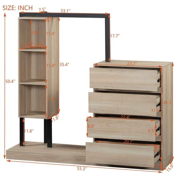 dimension image slide 0 of 3, Modern Wardrobe Closet with Drawers Shelves and Cabinets Storage Organizer - 55.30"L