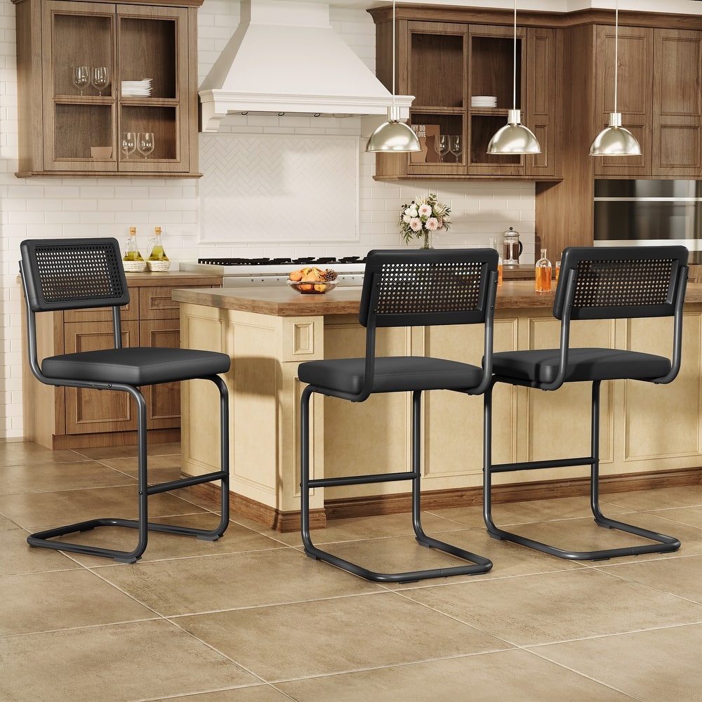 Set of 3 Counter Height Bar Stools with Woven Rattan Back and Footrest for Kitchen Island - 26" H