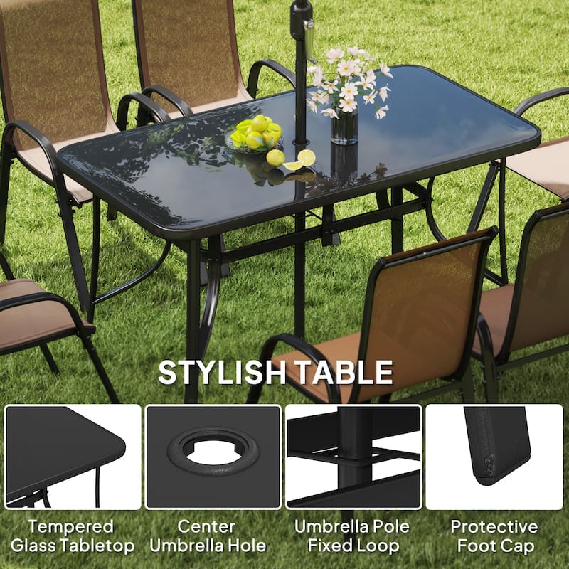 7-Piece Patio Furniture Set with Aluminum Table and Mesh Chairs Included Large Outdoor Umbrella - 55.1" L x 29.5" W x 28" H