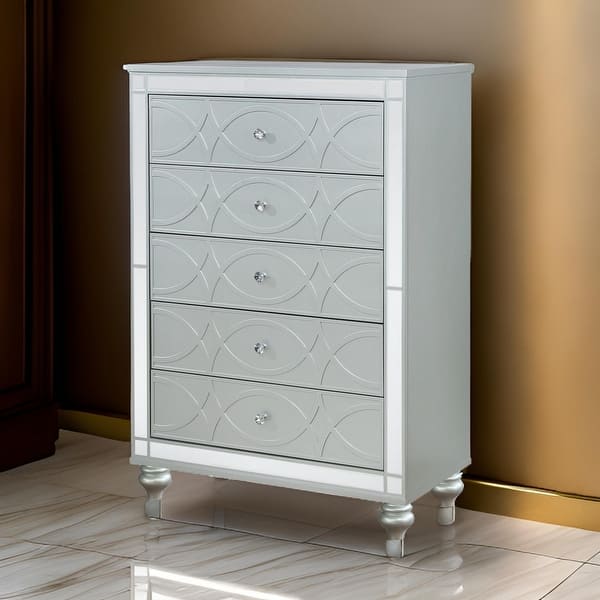 silver dresser with crystal knobs Benjara 63 Inch Wide 6 Drawer Dresser, Crystal Like Knobs, Molded Details, Silver