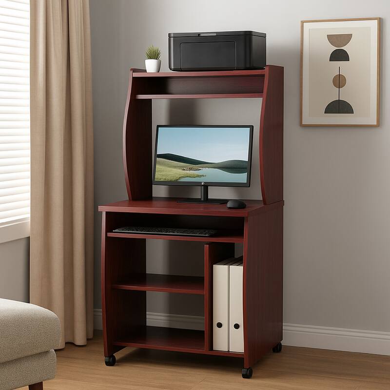 Niro Utility Desk Cart with Hutch, 7 Shelves, 53 Inch Mahogany Brown