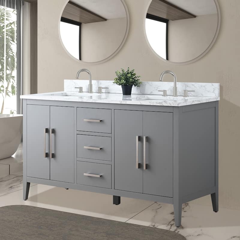 Vanity Art 60" Double Sink Bathroom Vanity Cabinet with Engineered Marble Top