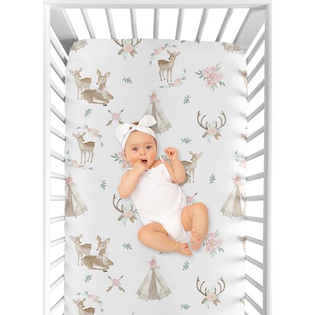 Sweet Jojo Designs Blush Pink, Mint Green and White Boho Woodland Deer Floral Collection Fitted Crib Sheet