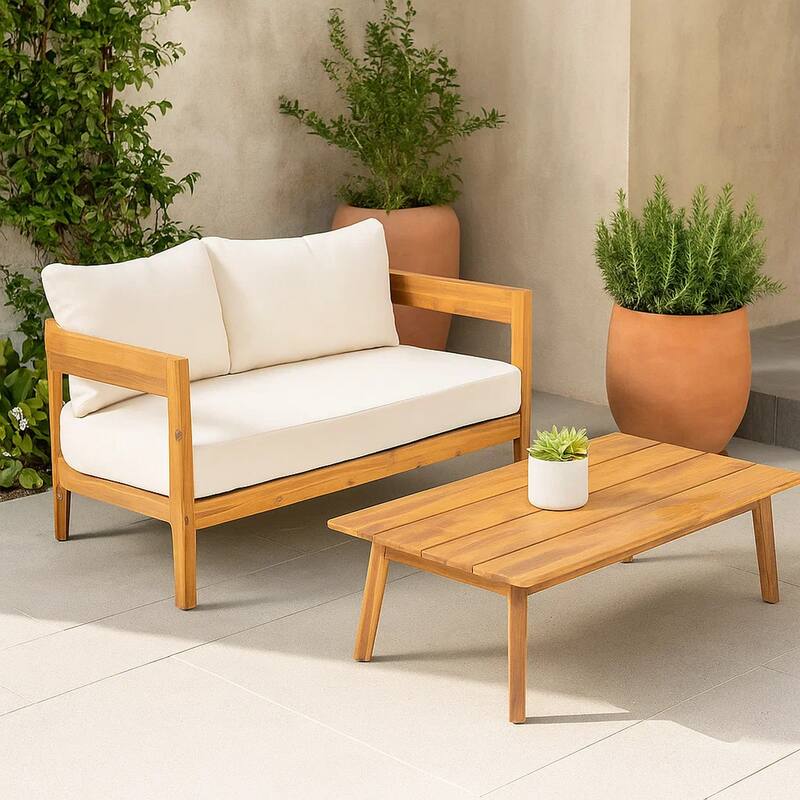 Loveseat and Coffee Table Outdoor Set, Slatted Brown Acacia Wood