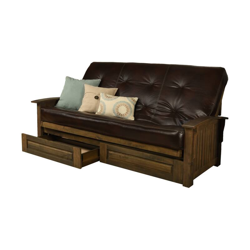 Somette Washington Queen-size Storage Futon Set in Rustic Walnut with Faux Leather Mattress - Java